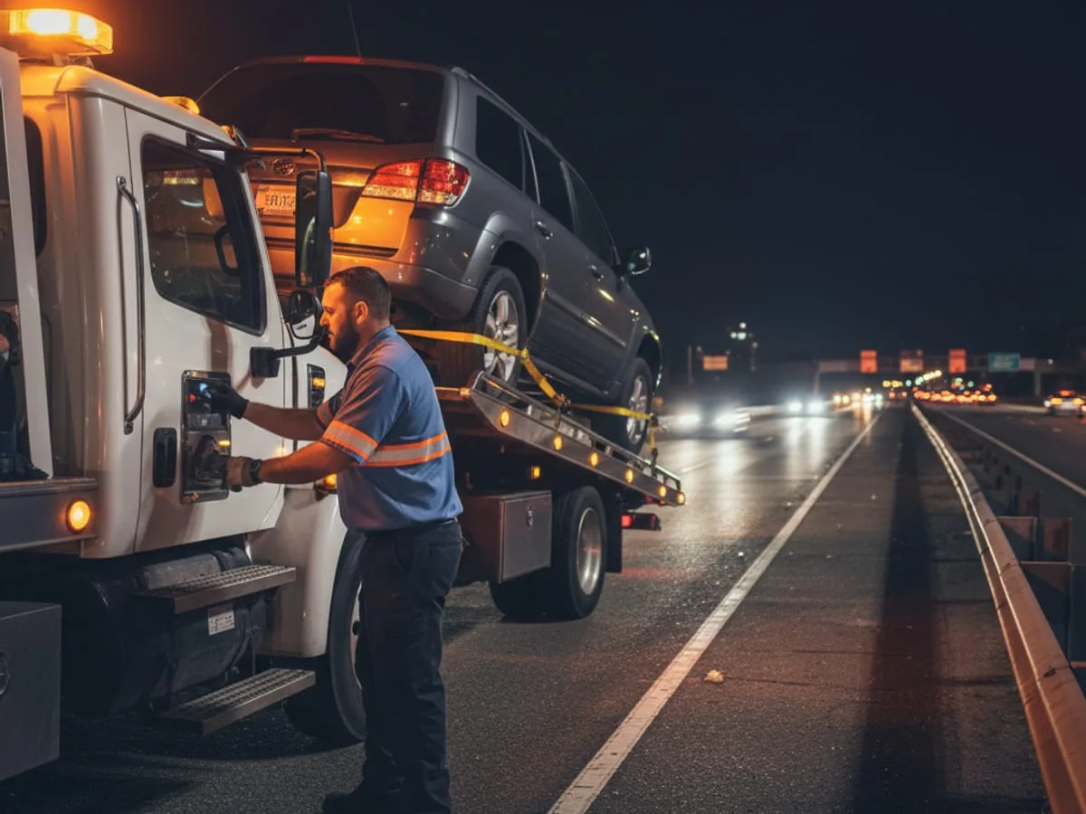 A driver reviewing tow fee information on a phone beside a parked car in Brooklyn