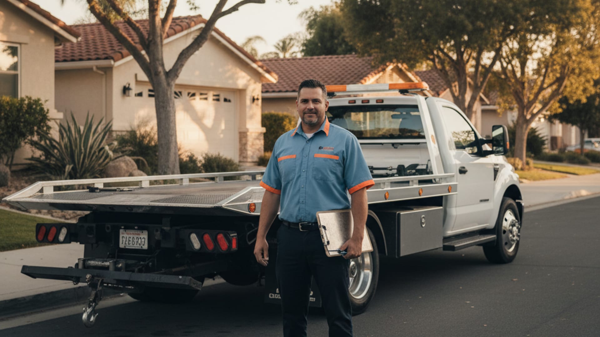 A tow operator with a clipboard standing beside a flatbed rollback truck on a residential street at golden hour