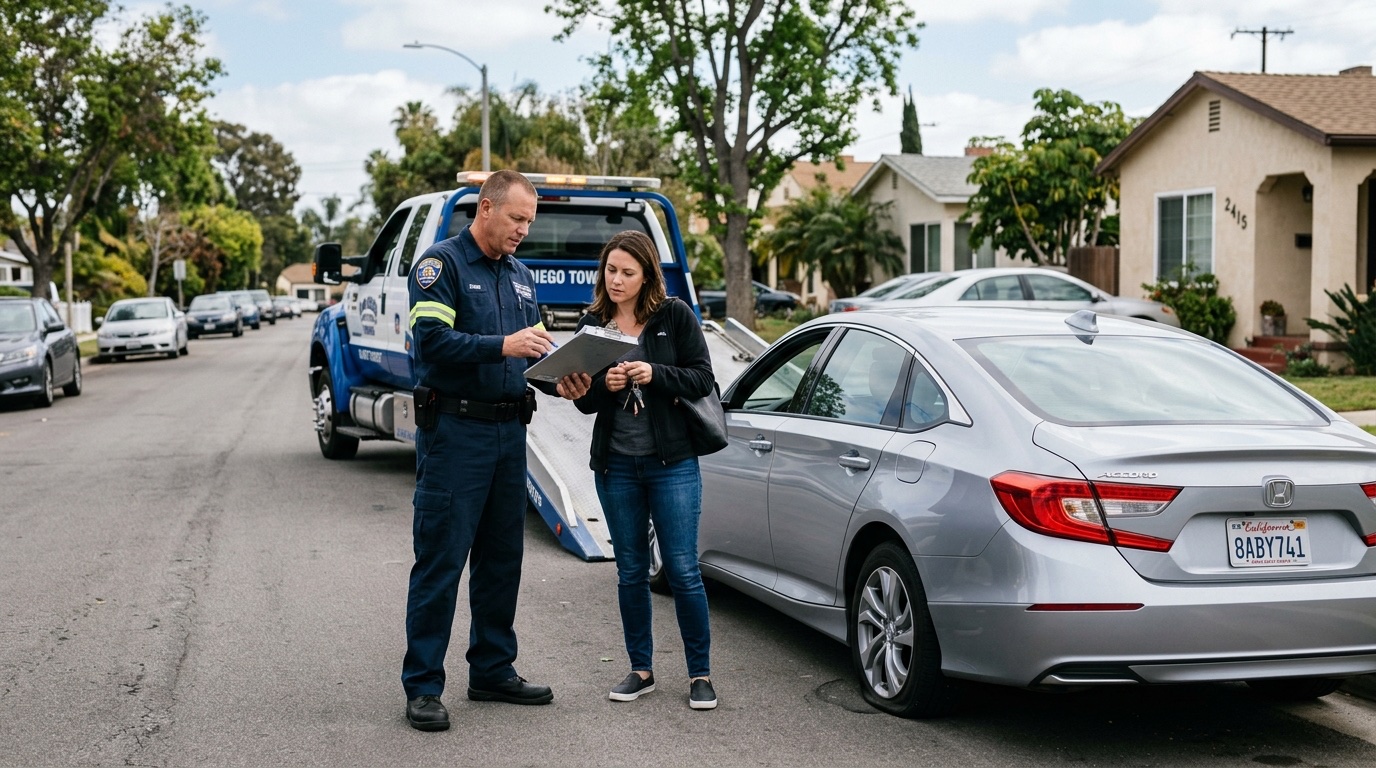 New York City tow operator and customer discussing service options on a highway shoulder