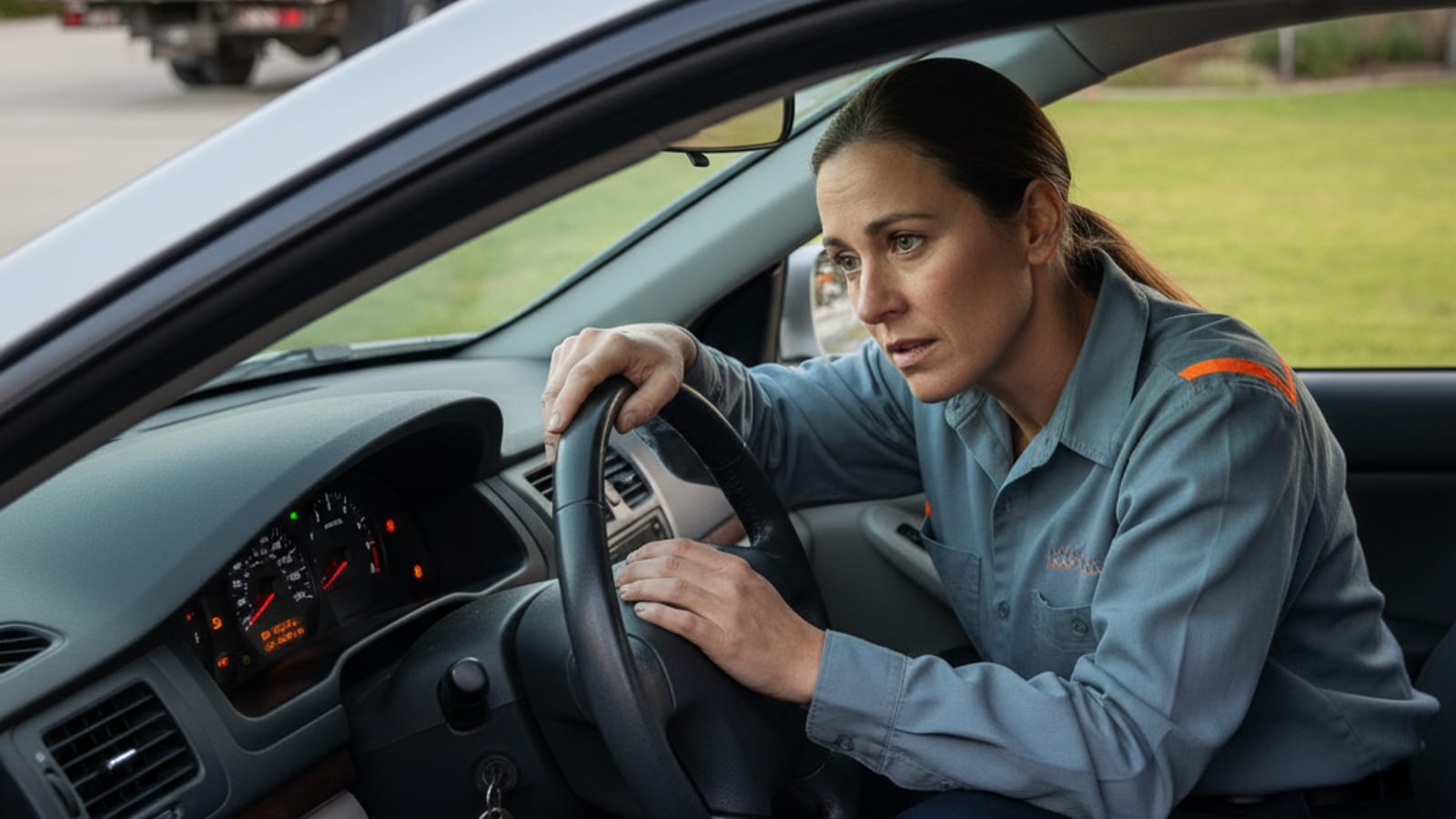 Driver checking dashboard warning lights on a parked car on a New York City street