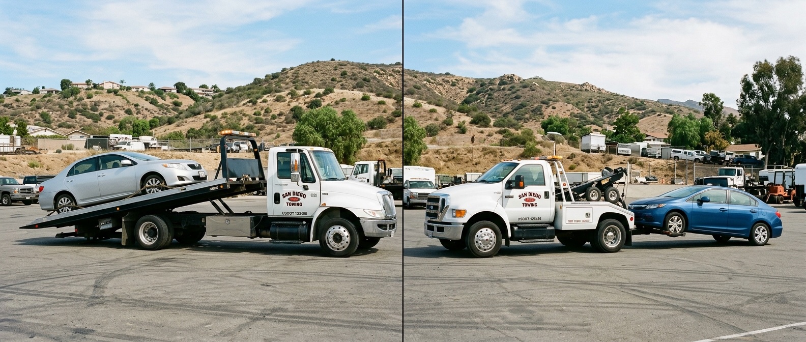 Side-by-side comparison of a flatbed tow truck and a wheel-lift tow truck loading vehicles in a New York City service yard