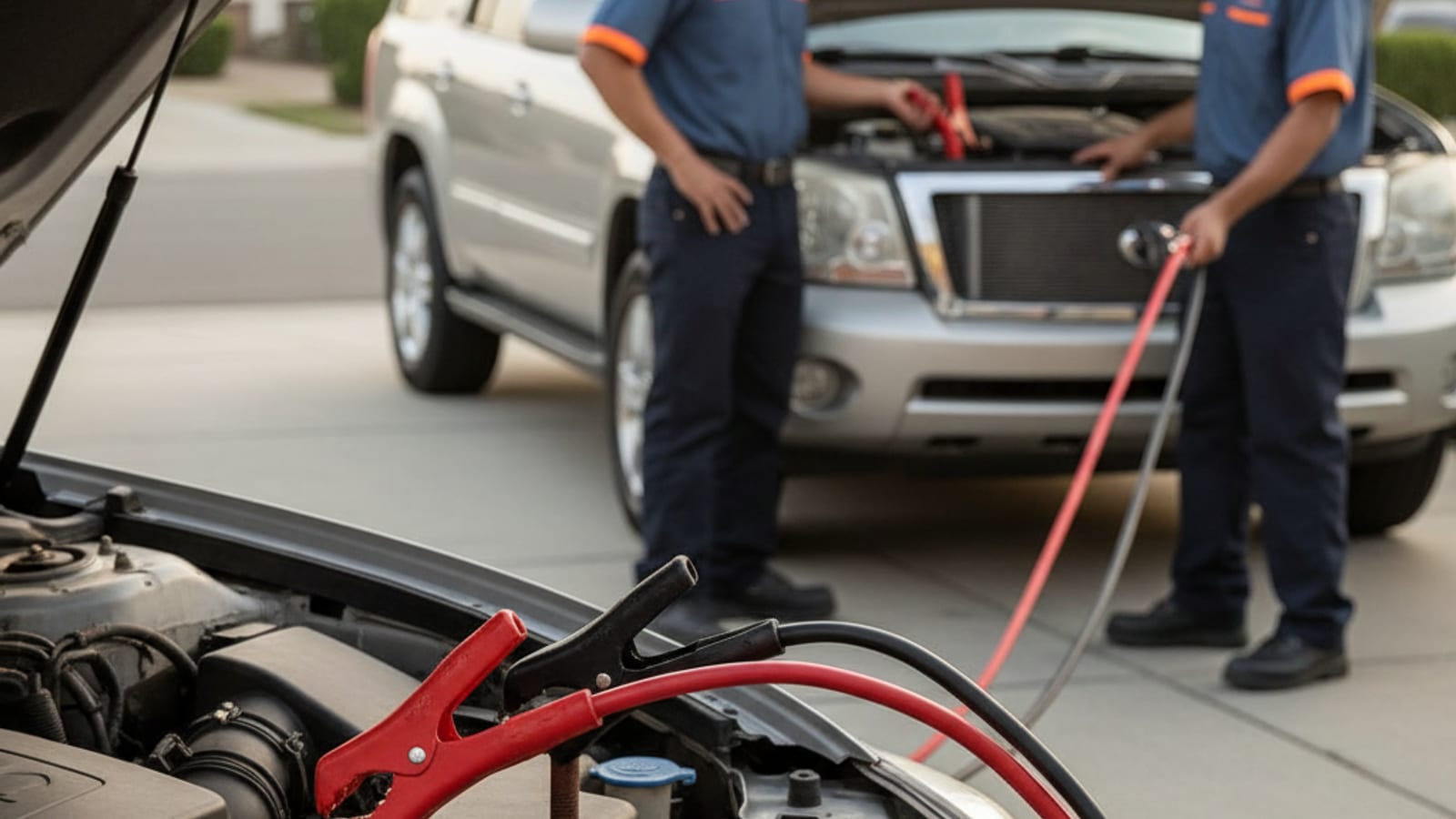 Close-up of jumper cables connected between two car batteries with the donor vehicle running on a New York City street
