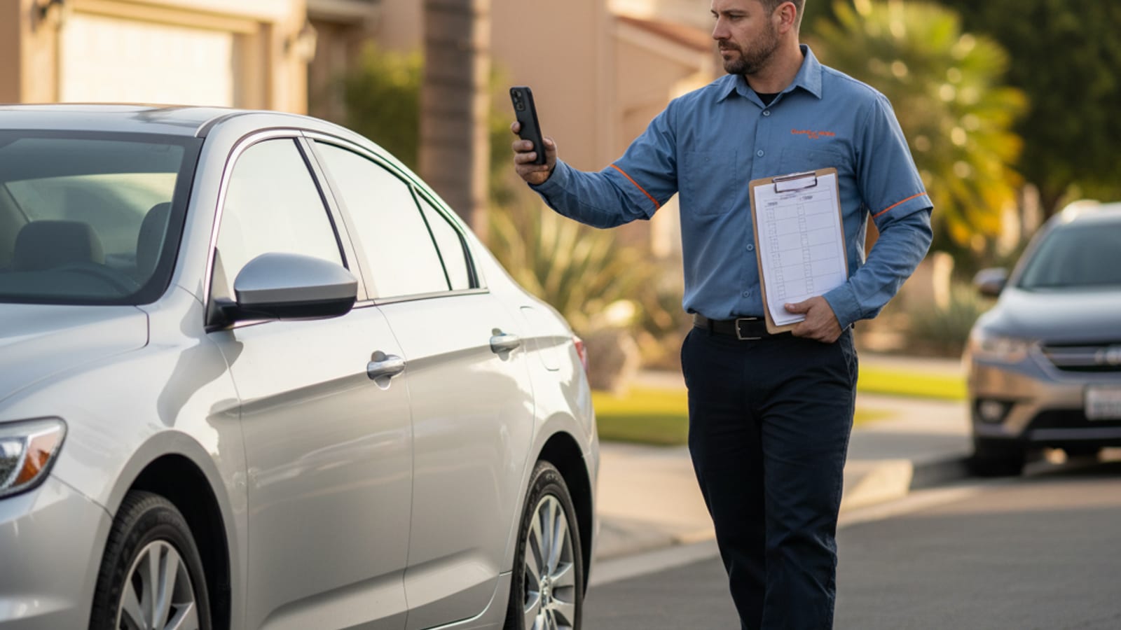 Driver walking around their vehicle making notes before a scheduled tow on a New York City residential street