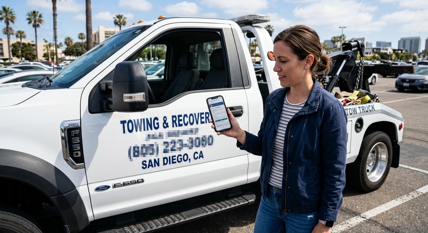 Customer checking a tow operator's credentials on a smartphone in a New York City parking lot