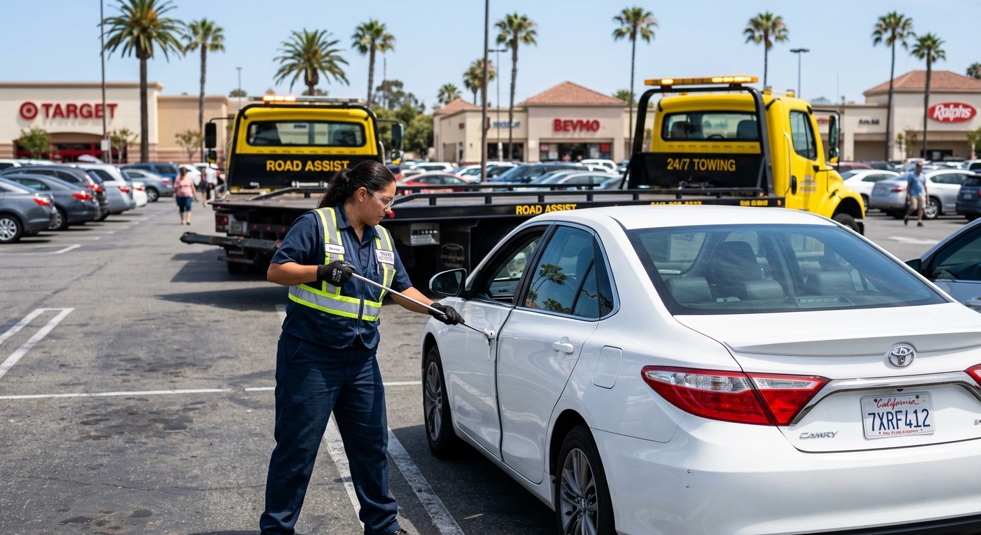 Independent operator using a long-reach lockout tool to unlock a sedan in a New York City shopping center parking lot