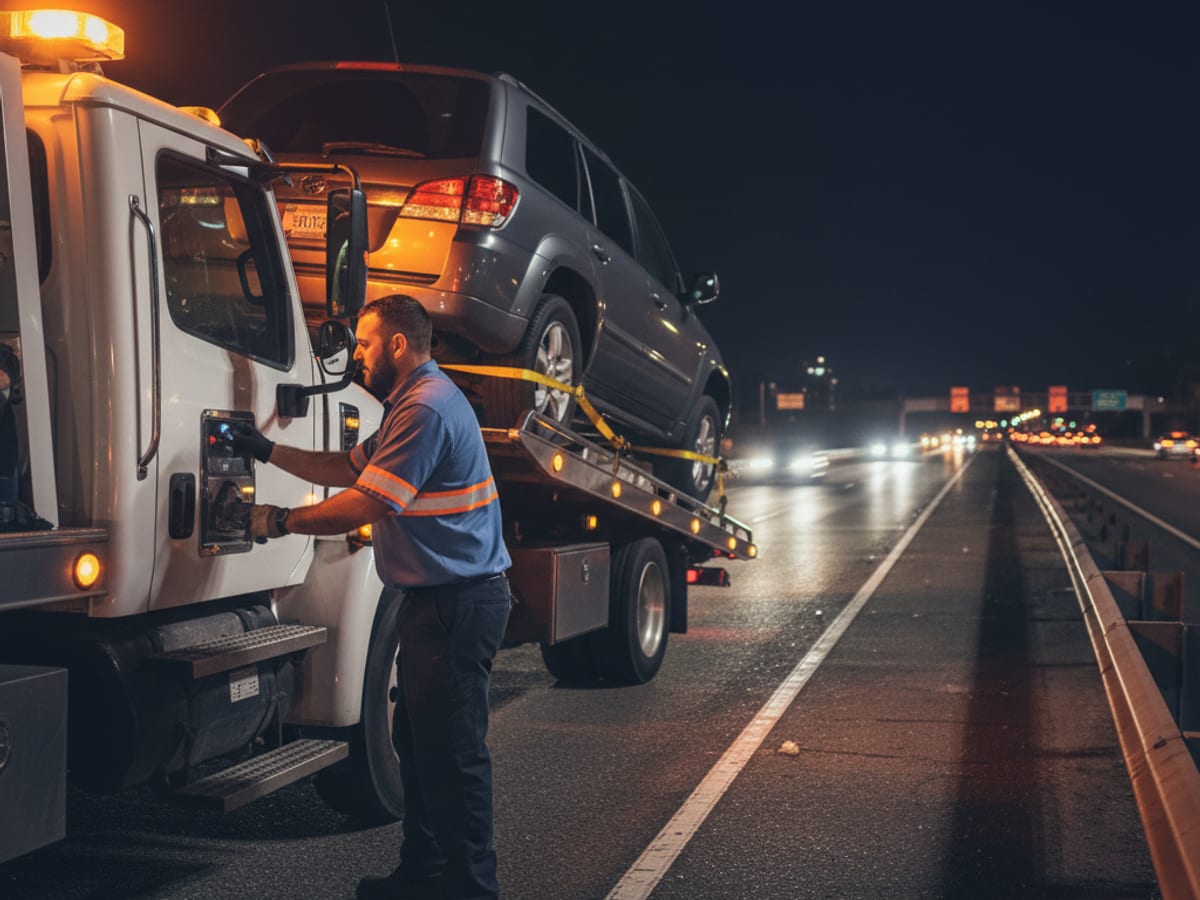 Independent operator loading a disabled SUV onto a flatbed on the BQE shoulder at night