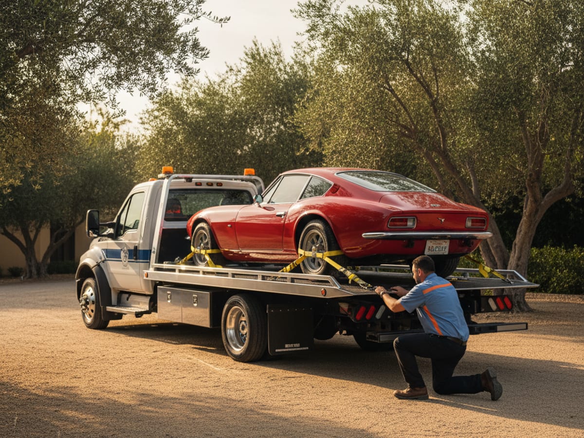 Independent operator low-clearance flatbed carefully loading a classic Porsche with soft-tie wheel nets on a New York City street
