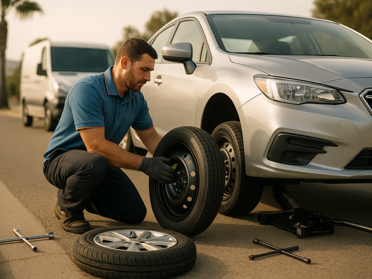 Independent operator changing a flat tire for the spare on a vehicle pulled onto a New York City street shoulder