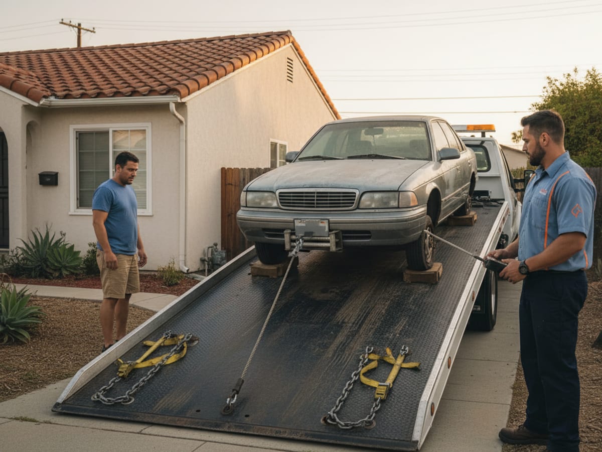 Independent operator flatbed loading a non-running sedan from an outer-borough residential driveway