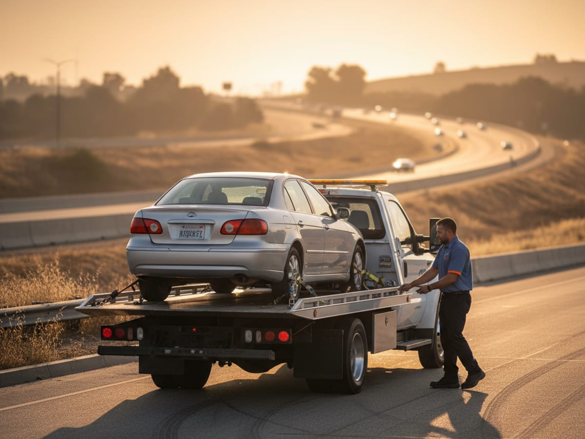Independent operator preparing a flatbed for a long-distance interstate tow at sunrise on the interstate shoulder outside the city