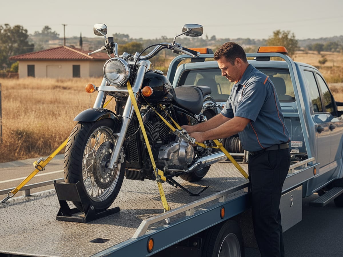 Independent operator securing a Harley-Davidson cruiser on a low-deck flatbed on a Brooklyn street