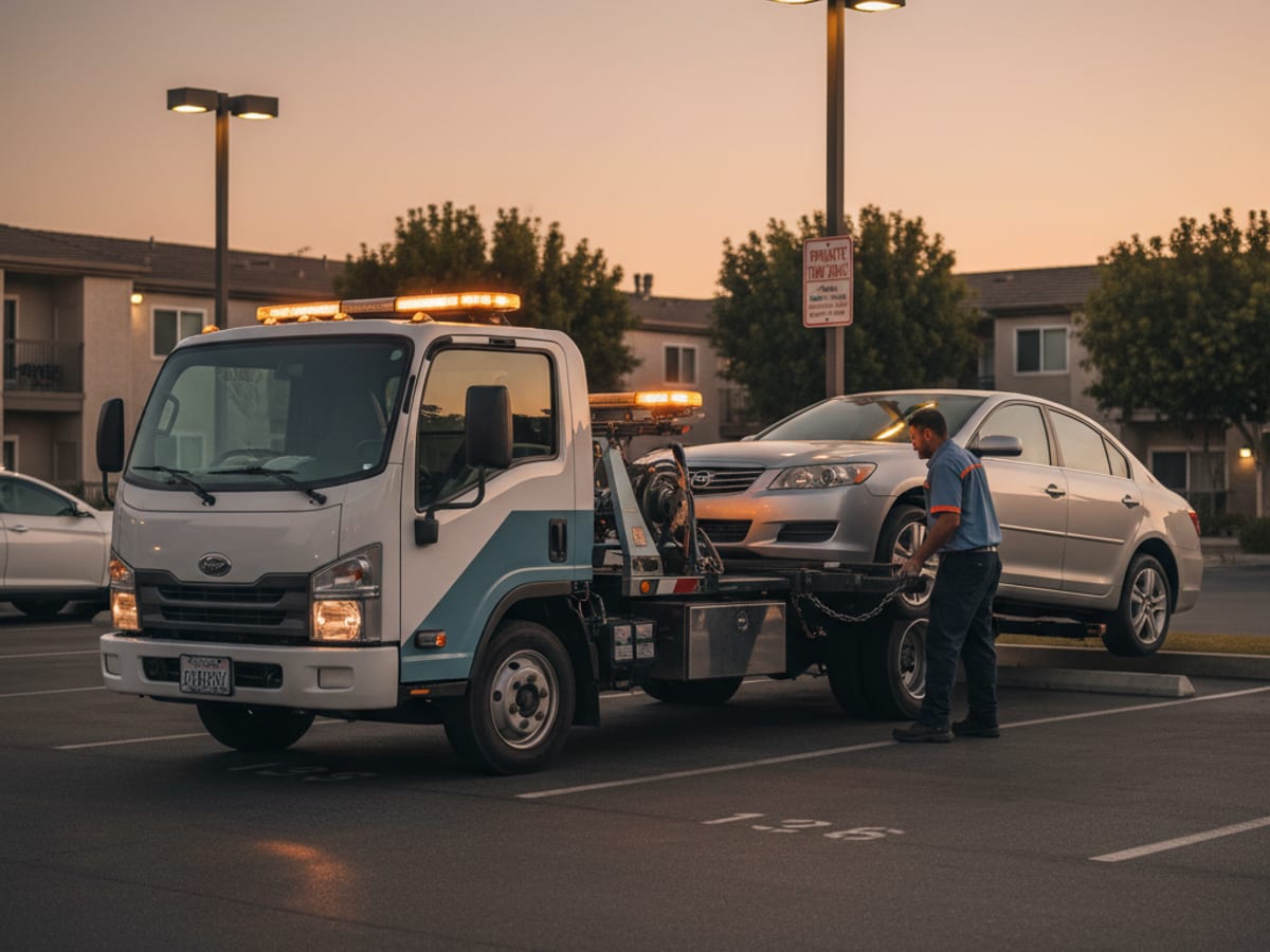 Independent operator truck working a permit-parking apartment complex lot in an outer-borough neighborhood at dusk