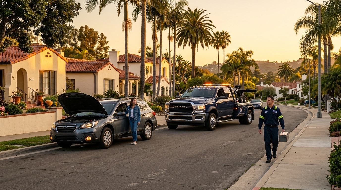 Independent operator arriving at a stranded vehicle in a New York City parking lot to provide pay-per-call roadside service