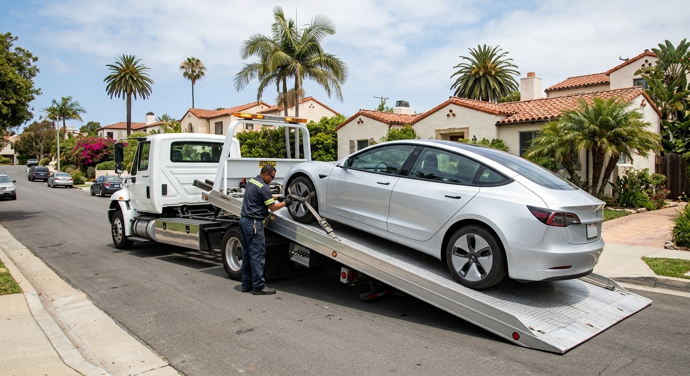 Independent operator flatbed loading a Tesla Model 3 with soft straps in a New York City driveway, charge port closed and Transport Mode engaged