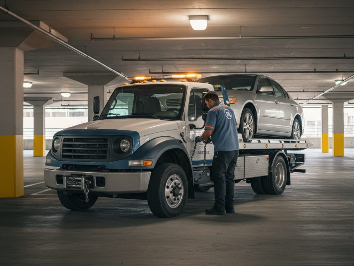 Independent operator wheel-lift truck hooking a Honda sedan on a narrow Brooklyn side street